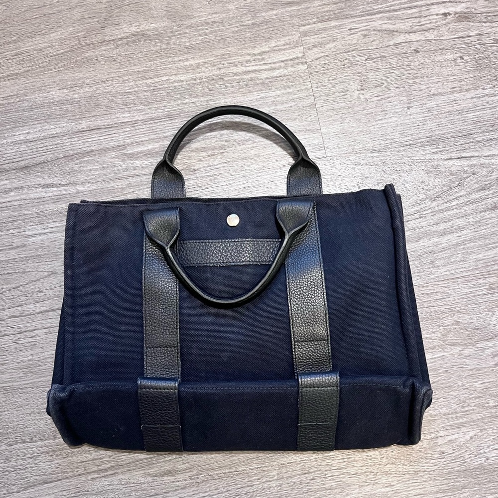 Hermes sac arne handbag canvas leather navy color rare